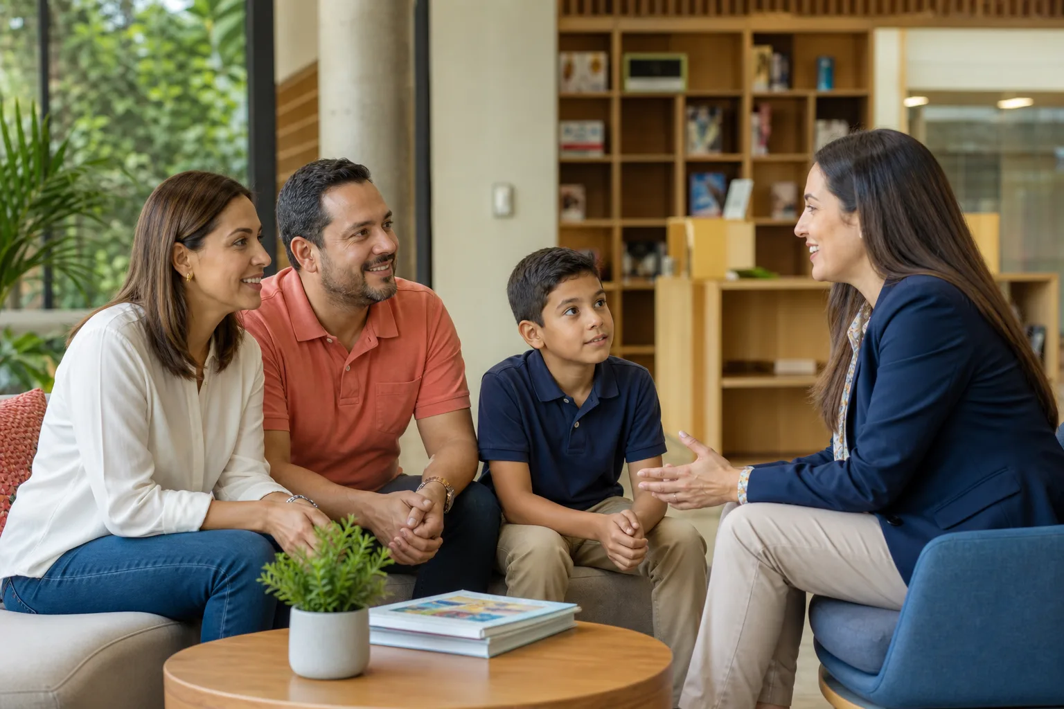 Familia conversando con el equipo de admisiones del Colegio Horizonte